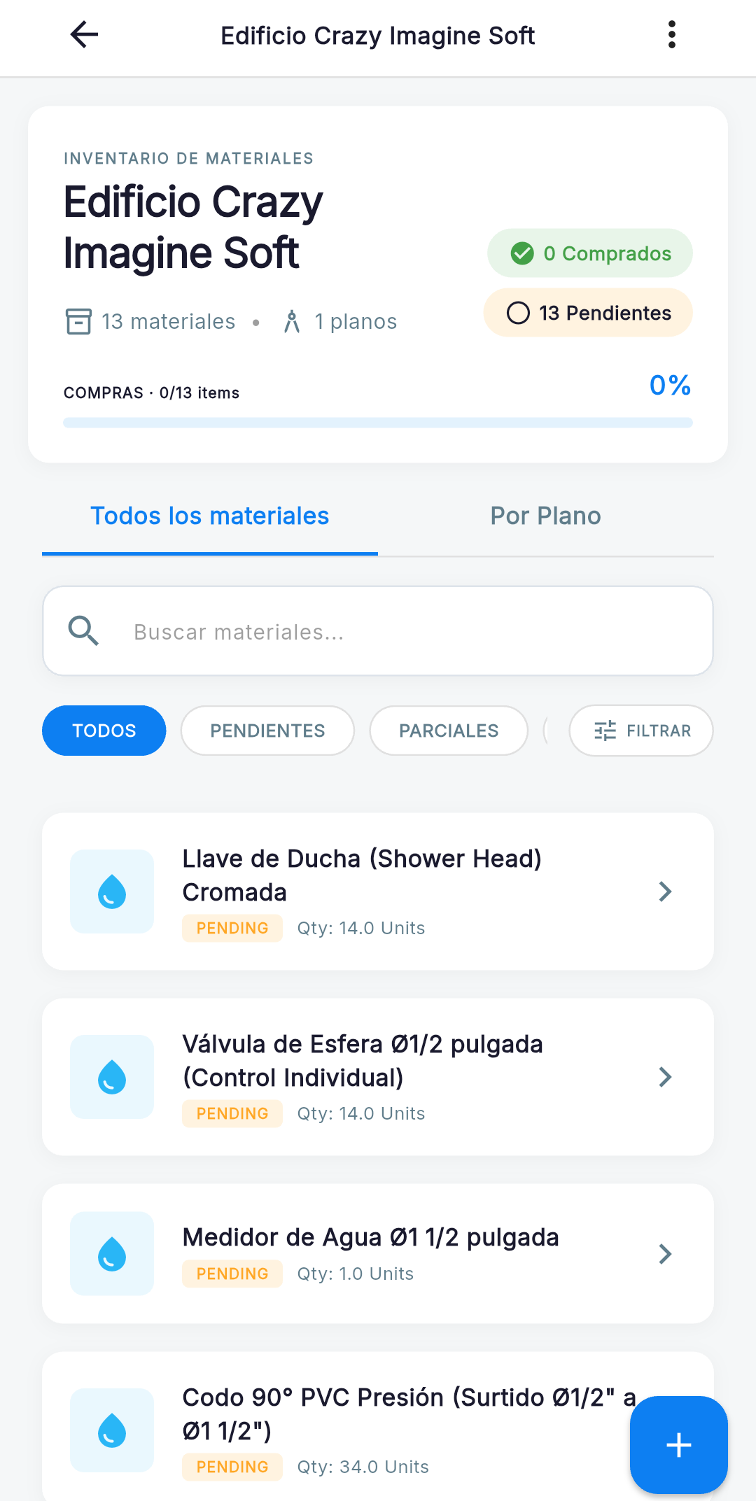 Smarts Take Off app — project inventory view